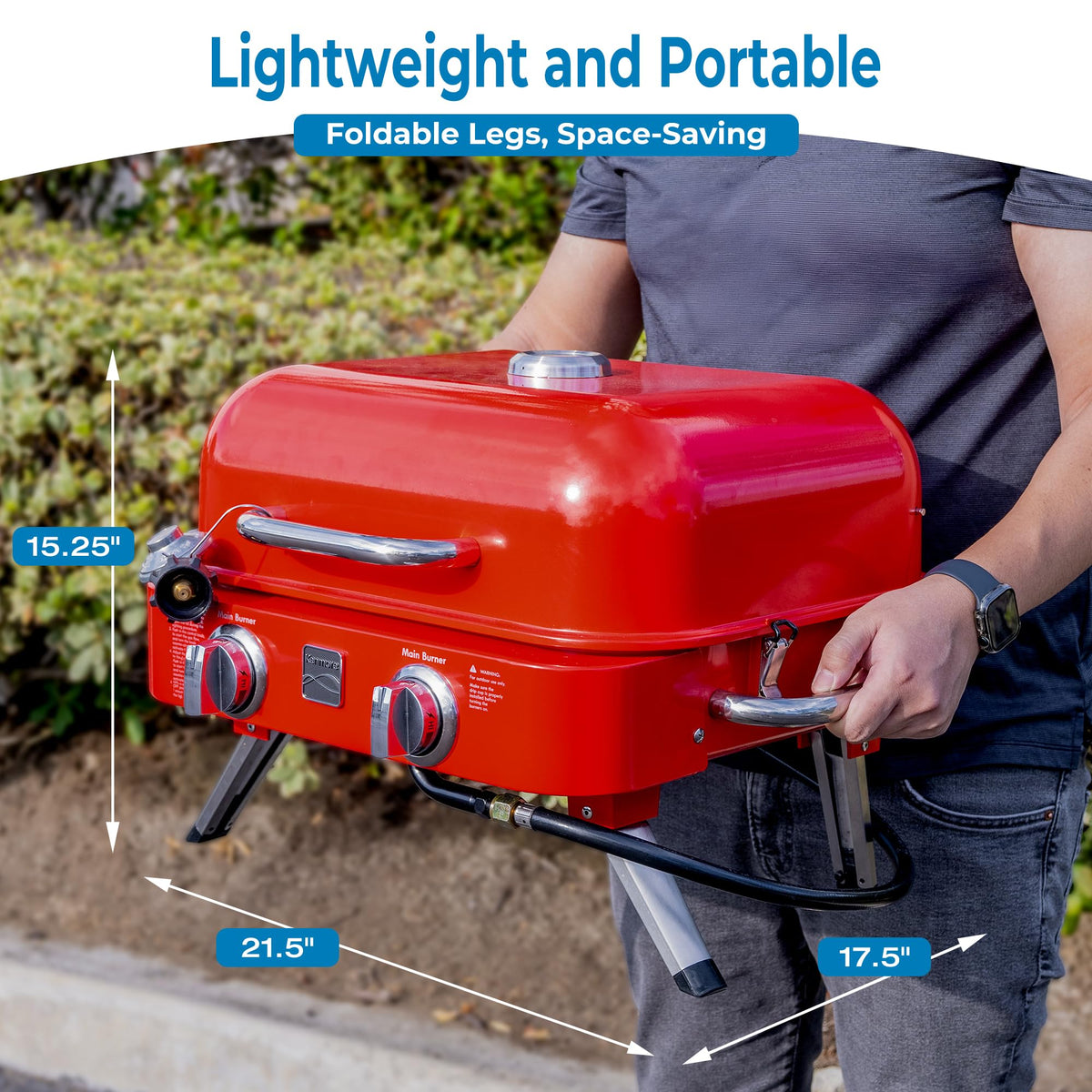 Portable Propane Gas Grill with Warming Rack, 2 Stainless Steel Burners, 14,000 BTUs, Red Y47772