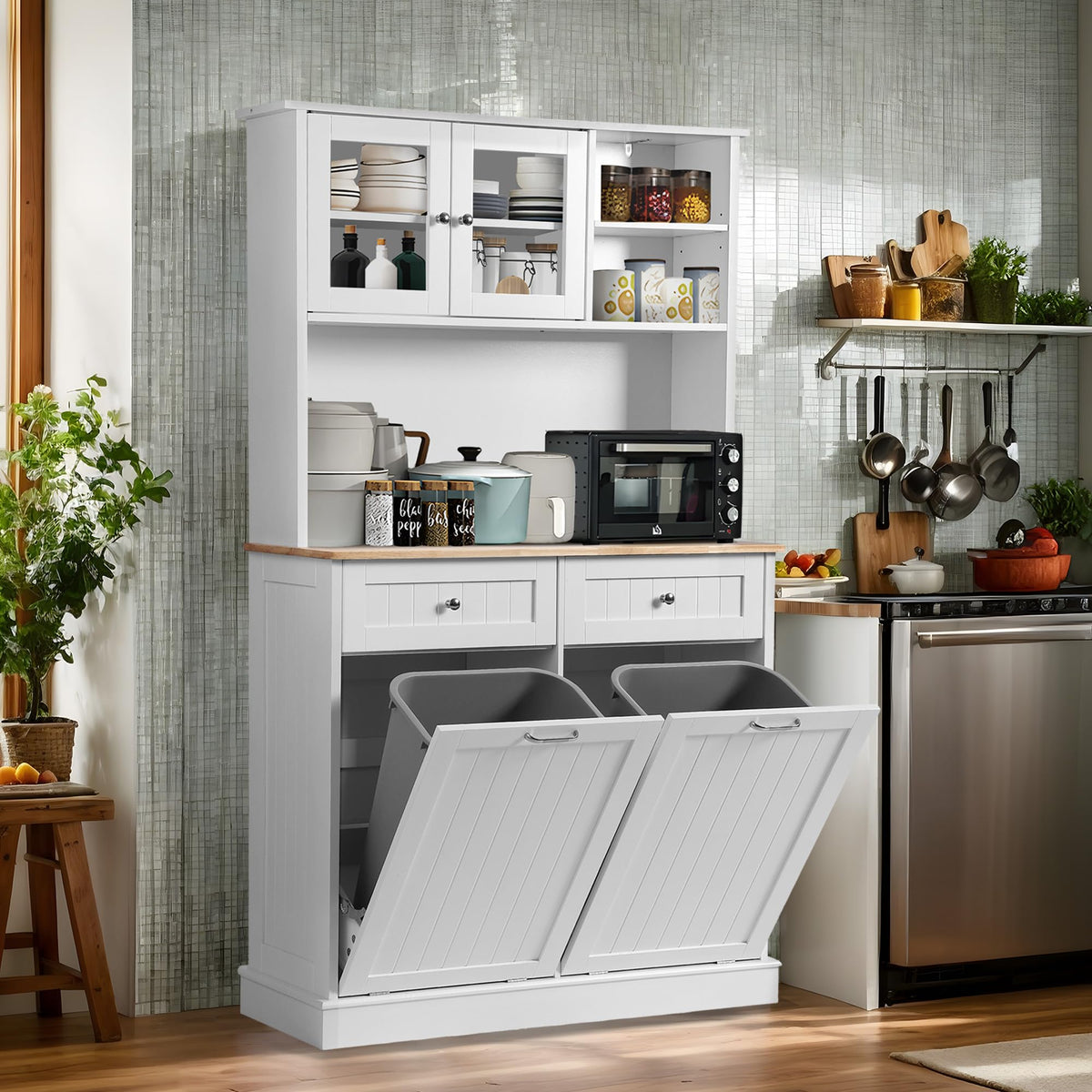 68.4" White Kitchen Pantry Storage Cabinet with Shelf, 2 Drawers and Tilt Out Trash Cabinet L814