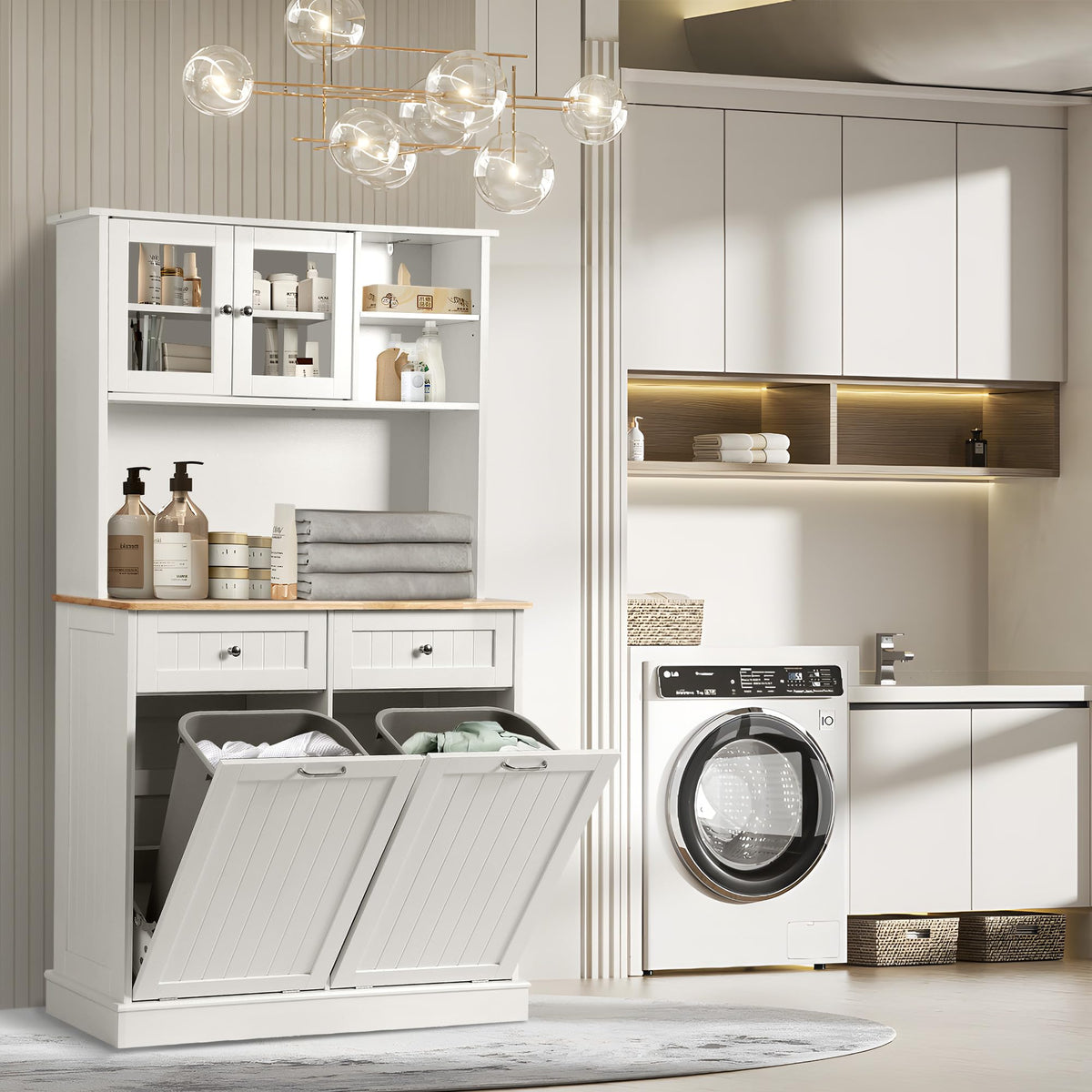 68.4" White Kitchen Pantry Storage Cabinet with Shelf, 2 Drawers and Tilt Out Trash Cabinet L814