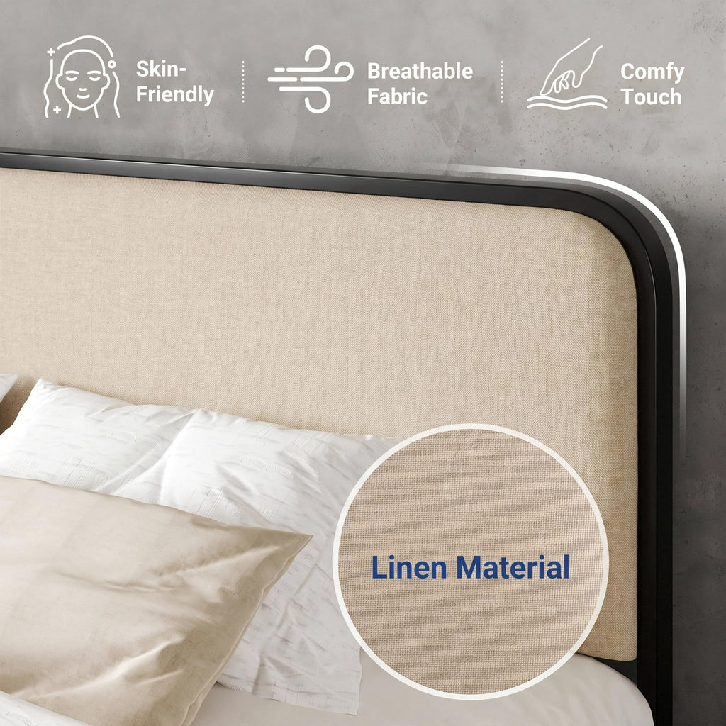 Full Metal Bed Frame with Upholstered, Beige J56085