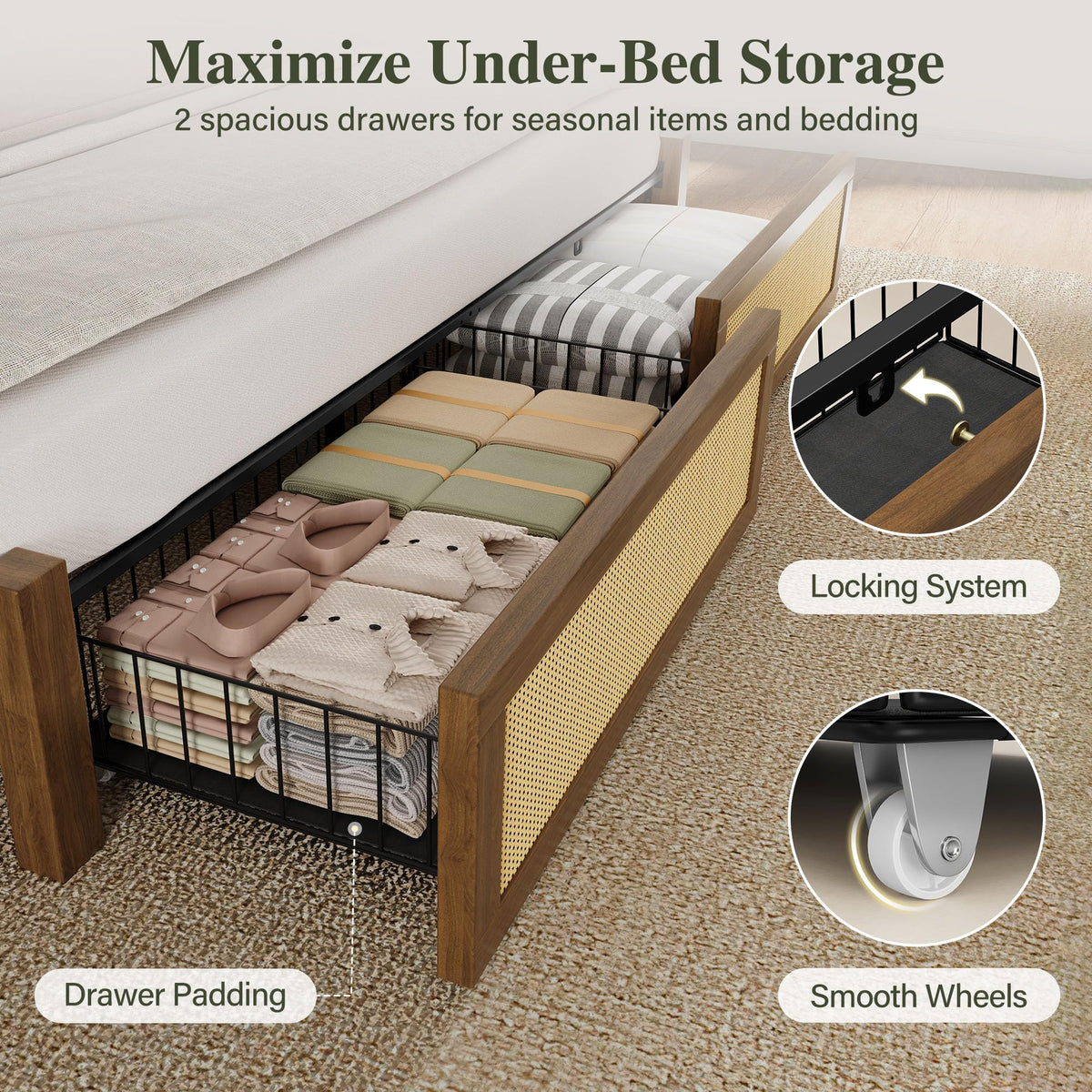 Queen Size Rattan Bed Frame with 2 Storage Drawers W660090