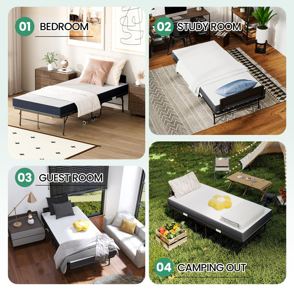 Folding Bed with Mattress, 5-Inch Memory Foam, 500lbs Capacity, Metal Frame, Adjustable Headboard R48179