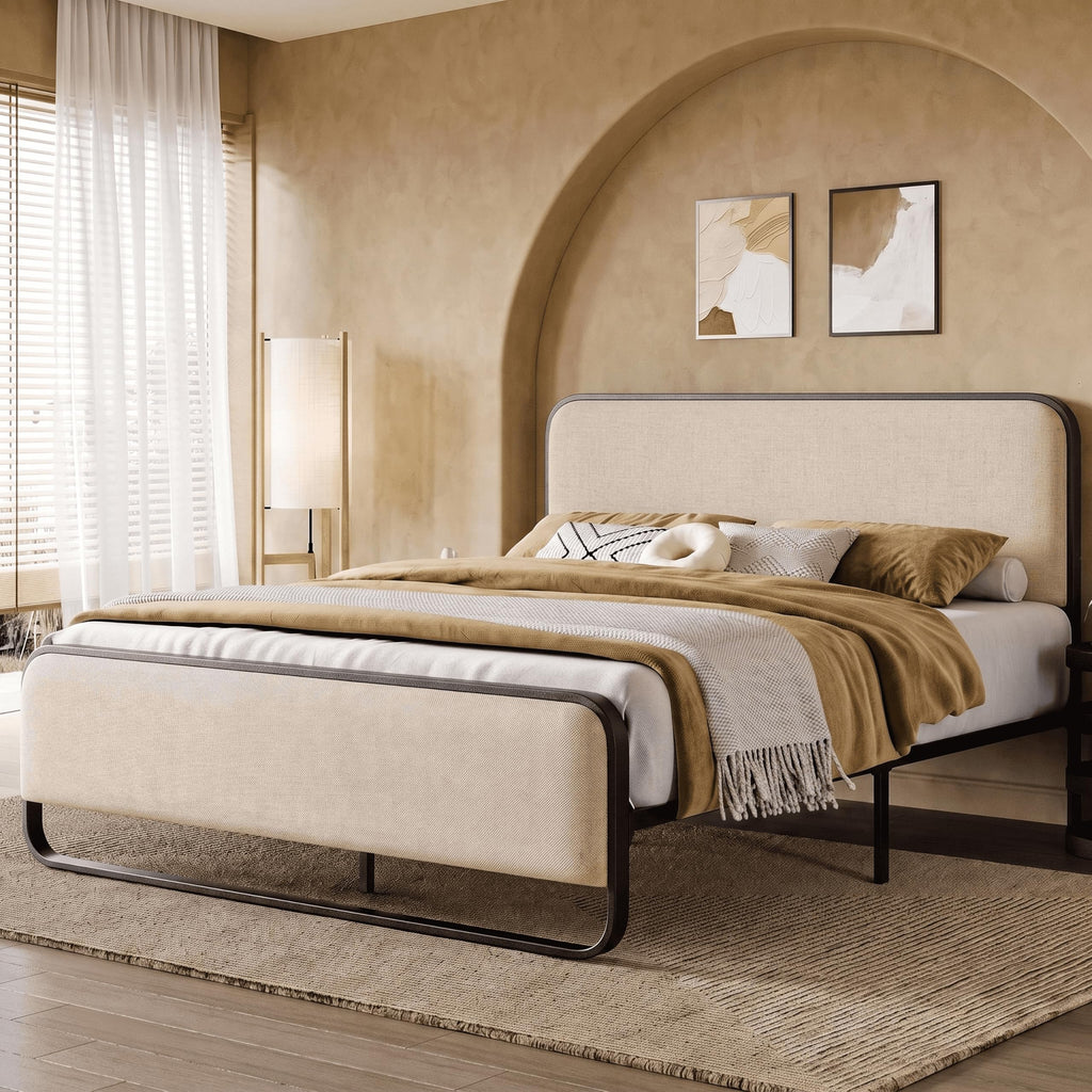 Full Metal Bed Frame with Upholstered, Beige J56085