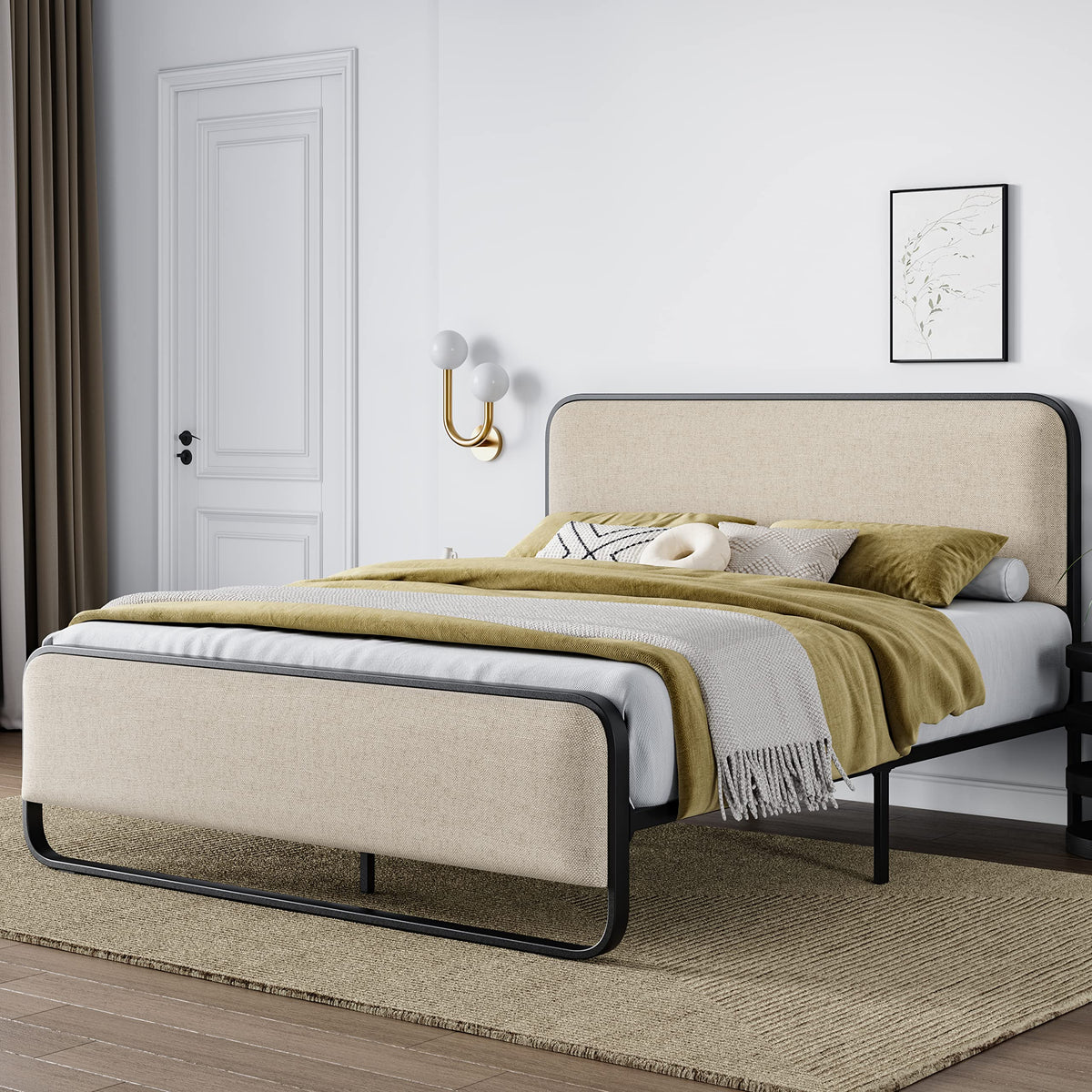 Full Metal Bed Frame with Upholstered, Beige J56085