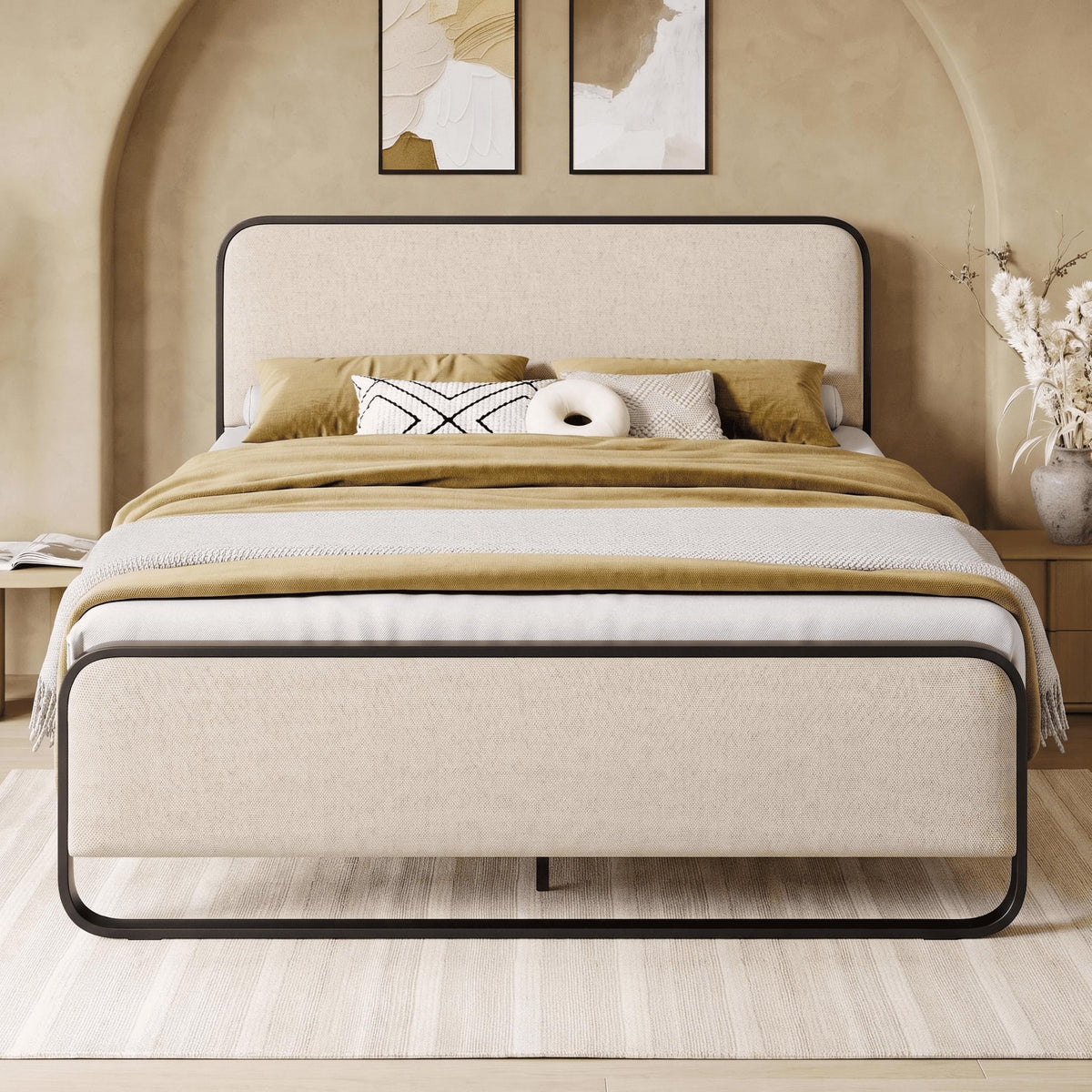 Full Metal Bed Frame with Upholstered, Beige J56085