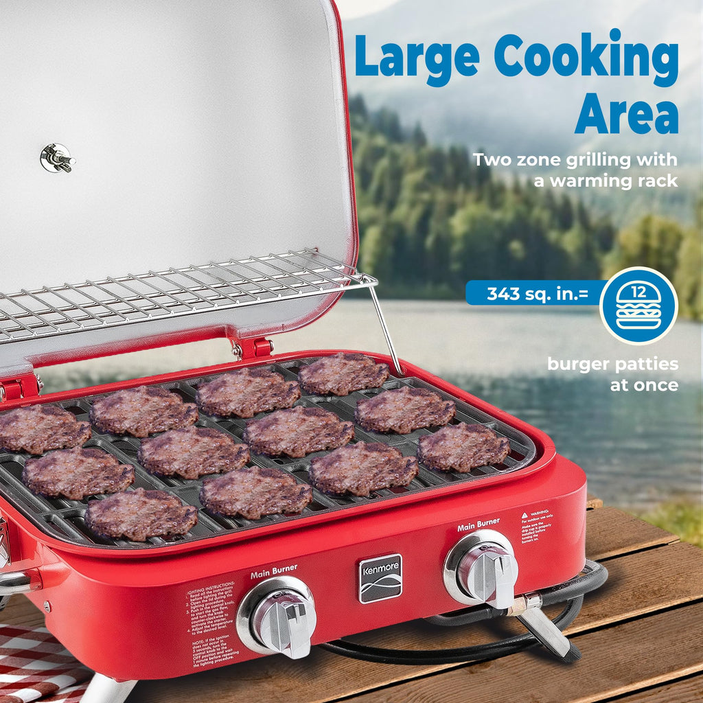 Portable Propane Gas Grill with Warming Rack, 2 Stainless Steel Burners, 14,000 BTUs, Red Y47772